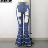 Sexy jeans vrouw broek hoge taille mode gat flare plus size streetwear vrouwen herfst casual solide vrouwelijke lange broek 210515