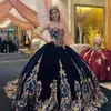 Navy Sequined Lace Ball Gown Quinceanera Dresses With Wrap Strapless Neck Prom Gowns Corset Back Sweep Train Velvet Sweet 15 Masquerade Dress