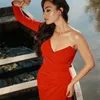 Frauen Sexy V-ausschnitt Langarm Elegante Designer Rot Baumwolle Kleid High Street Abend Promi Midi Party Vestido 210527