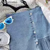 Kimutomo Saia Assimétrica Mulheres Primavera Verão Moda Coreana Feminina Fivela Sólida Fishtail Cintura Retro Slim Denim Saia 210521