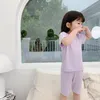 Summer kids solid color cotton Pajama Sets boys girls soft casual leisure wear children short sleeve clothes sets 210508