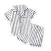 Summer 2 3 4 6 8 10 Years Short Sleeve Sleepwear Shirt+Shorts 2 Pieces Tracksuit For Kids Baby Boys Striped Pajamas Set 210701