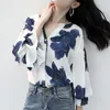 Women's Blouses & Shirts Blouse Stand Collar Floral Pattern Ladies Fashion Short Sleeve Simple Shirt V-neck Loose Lantern Printed Chiffon