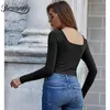 Square Neck Rib-knit Solid Crop Top Women Spring Long Sleeve Black Slim Tees Female Streetwear Casual T-Shirt 210510