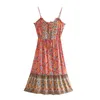 3 цвета Богемия цветочные печатные шнуровки вверх по открытыми кнопками спагетти ремешок платье Boho женщина слинг MIDI длинные платья пляж 210429