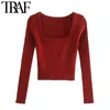 Women Fashion Stretch Slim Cropped Knitted Sweater Vintage Square Collar Long Sleeve Female Pullovers Chic Tops 210507