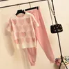 2 Piece Set Women Knit Outfits Love Heart Short Sleeve O-neck Tops + Lace Up Waist Ankle Harem Pants Two 210514