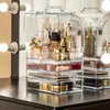 Acrylic Makeup Organizer Очистить ювелирную коробку двойной открытой крышки женщины косметические ящики для хранения рабочего стола макияж