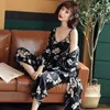 Mulheres Sleepwear Mulheres Mulheres Imprimir Flor 3 Pcs Pijamas Set Sexy Lady Intimate Lingerie Nightgown Algodão Pijama Terno Homedress