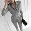 Comelsexy 패션 여성 세트 2 조각 한국어 스타일 기질 격자 무늬 정장 재킷 캐주얼 바지 2 조각 여성 210515