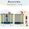 5.5FT Trampolines for Kids 65inch Outdoor & Indoor Mini Toddler Trampoline with Enclosure, Basketball Hoop and Ball Included