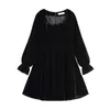 PERHAPS U Women Black Bling Solid Velvet Long Sleeve A Line Elegant Mini Dress Female Puff Sleeve Slash Neck D3006 210529