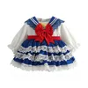 Tjej Lolita Princess Dresses Kids Spanska Födelsedagdöd Party Frocks Toddler Girls Navy Wind Dress Lace Bule Vestidos 210615