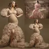 2021 Ruffles Champagne Vestidos de Noite Tulle Kimono Mulheres Robe Photoshoot Metade das Mangas Off Should Tall Vestidos Africano Sereia Split Maternity Dress Fotografia