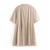 Femmes Vintage Kaki Mini robe d'été à manches courtes lâche plissée es col montant décontracté coton Ropa Mujer 210508