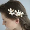 SLBRIDAL Gold Handmade Crystal Rhinestone Ceramic Flower Leaf Wedding Clip Barrettes Bridal Hair Accessories Women Jewelry