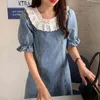 Nomikum Lace Ruffle Patchwork Jeans Dresses for Women Puff Short Sleeve Demin Dress Causal Korean Sweet Vestido De Mujer 6G223 210427