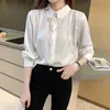 Koreańskie Koszulki Jedwabne Kobiety Satynowe Bluzki Koszula Biuro Lady White Casual Woman Tops Plus Size Długi rękaw Bluzka 210427