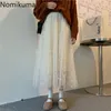 野名ガーゼスカート女性ストレッチハイウエストAラインミッドカーフスカート女性韓国風エレガントなファッションJupe Longue Femme 3E148 210514