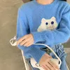 Damtröjor Ankomst Sweet Lovely Cat Flickvän Stickad tröja Top One-Piece Koreanskt mode O-hals Blå Kort Kvinna Höst