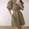 Nomikuma Fashion Elegant Woman Dress Puff Sleeve Turn-down Collar Dresses Korean Belt Slim Waist Single Breasted Vestidos 6H189 210427
