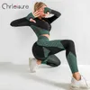 CHRLEISURE 2/3Pcs Set da yoga senza cuciture Abbigliamento sportivo da donna Reggiseno sportivo Manica lunga Crop Top Corsa Palestra Fitness Allenamento Leggings Set 210802