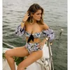 Costume da bagno a maniche lunghe con stampa bikini Costumi da bagno a vita alta Costumi da bagno sexy da donna con maniche a rete Bikini Plus Size Bathing 210621