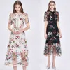 Runway Style Lace Patchwork Blommor Se igenom Long Dress Party Fira kvinnor Floral Broderi Mesh 210529