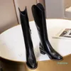 Boots Women Shoes Real Leather High Heel Long Thick Heels Zipper Knee Autumn Winter Black