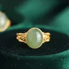 Cluster Rings Original Ancient Gold Craftsmanship Natural Hetian Jade Oval Bamboo Shape Opening Adjustable Ring Ladies Silver Jewelry