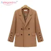 Aelegantmis Double Breasted Femmes Casual Blazer Femme Solide Couleur Lâche Long Travail Costume Manteau Bureau Lady Veste Vêtements d'extérieur 210607