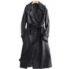 Lautaro longo casaco de couro preto para mulheres manga longa cinto lapela moda feminina luxo primavera estilo britânico outerwear 210916