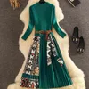 Wiosna Kobieta Vintage Okrągły Neck Z Długim Rękawem Plus Size Patchwork Knit Panele Plisowana sukienka z pasem 8Y589 210510