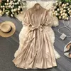 韓国のジッパースタンドネックエレガントなドレスサッシスリムウエスト半袖女性ドレスSumemr Vestidos Mujer 6H400 210603