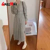 Mulheres longas vestido vintage manga elegante o pescoço feminino maxi es uma linha casual primavera outono MIDI para as mulheres 210428