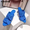 Summer PU Leather Braided Thin High Heel Sandals Slides Women Party Shoes Cross Wove Folds Mules Sexy Slippers 42 210507