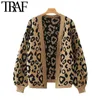 TRAF Women Fashion Leopard Mönster Lös Strikkad Cardigan Sweater Vintage Lantern Sleeve Kvinna Ytterkläder Chic Toppar 210810