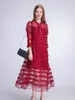 runway designer ruched red black A-line long sleeve lace dresses for women lady elegant vestidos de mujer casual robe Y2K 210421