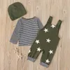 Autumn Children Sets Short Sleeve O Neck Stripe T-Shirt Print Star Suspender Pants Hats Casual Boys Clothes 6M-2T 210629