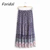 Floral Print Bohemian Long Skrits Womens High Waist Blue Hollow Out Maxi Skirt A-line Summer Casual Bottoms 210427