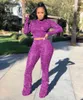 Felyn 2020 Ins Internet Celebrity Słynne 2 Sztuk Kobiety Set Solid Sparkly O-Neck Krótkie Topy Długie Spodnie Sexy Stroje Y0625