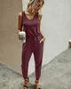 Dorywczo Stripe Print Jumpsuits Kobiety Lato O Neck Bez Rękawów Pas Szczupła Kombinezony Koronki Kieszonkowe Playsuit Kobiet Long Romper 210526