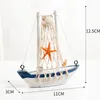 Mini Sailboat Model Decoration Wooden Miniature Sailing Boat Home Decor Set, Beach Nautical Design, Navy Blue and White