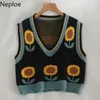 NEPLOE Kobieta Odzież Swetry Kamizelka V-Neck Bez Rękawów Szydełek Kwiatowy Dzianiny Swetry Waistcoat Luźne Krótkie Tank Topy Femme 210422