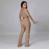 Women Set Bandage Hollow Out Solid Full Sleeve Slash Neck Crop Tops Skinny Pants Two 2 Piece Sets Sexy Outfits Autumn 211115