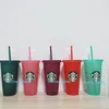 Ny 24oz 710 ml Starbucks paljetter Plast Tumbler återanvändbar klart drickande platt botten kopp pelare form lock halm mugg bardian love301u