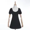 Retro Open Buttons Lacing up V neck Puff Short Sleeve Dress for Woman Pink Black French Mini Dresses Holiday Cotton 210429