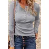 Kadınlar Dantel Gömlek Tığ Uzun Kollu Düğme Henley T-Shirt İnce Uydurma Rahat Tops Bluz
