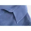 Abito a camicia blu vintage Abiti a maniche lunghe da donna Nodo Fiocco Orlo asimmetrico Raso di seta 210421