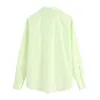 Women Elegant Fashion Light Green Pockets Button-up Blouses Vintage Lapel Collar Long Sleeve Shirts Female Chic Tops 210520